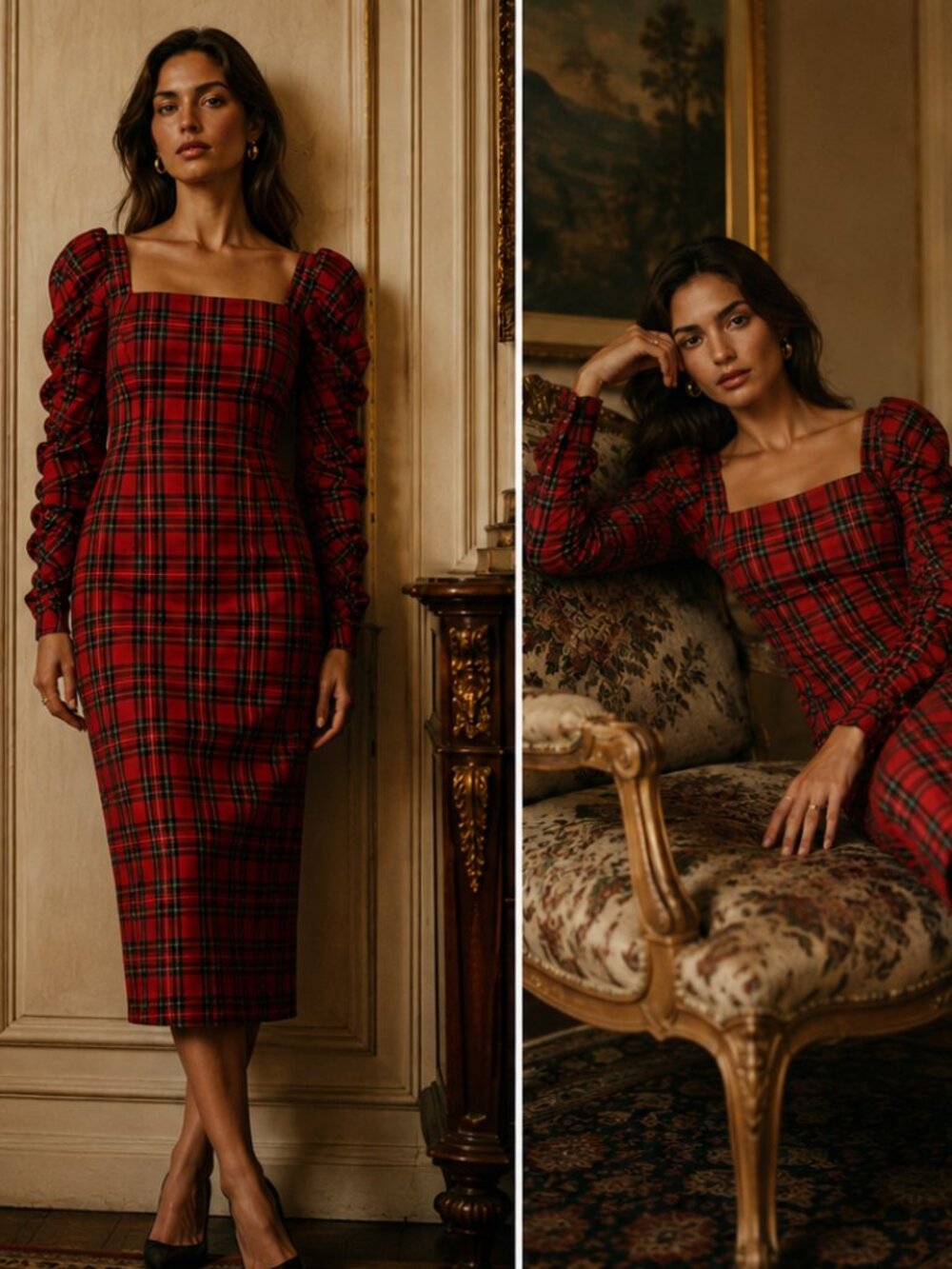 Antonio Melani Elena Plaid Tartan Square Neck Ruched Sleeve Midi Dress Size 16